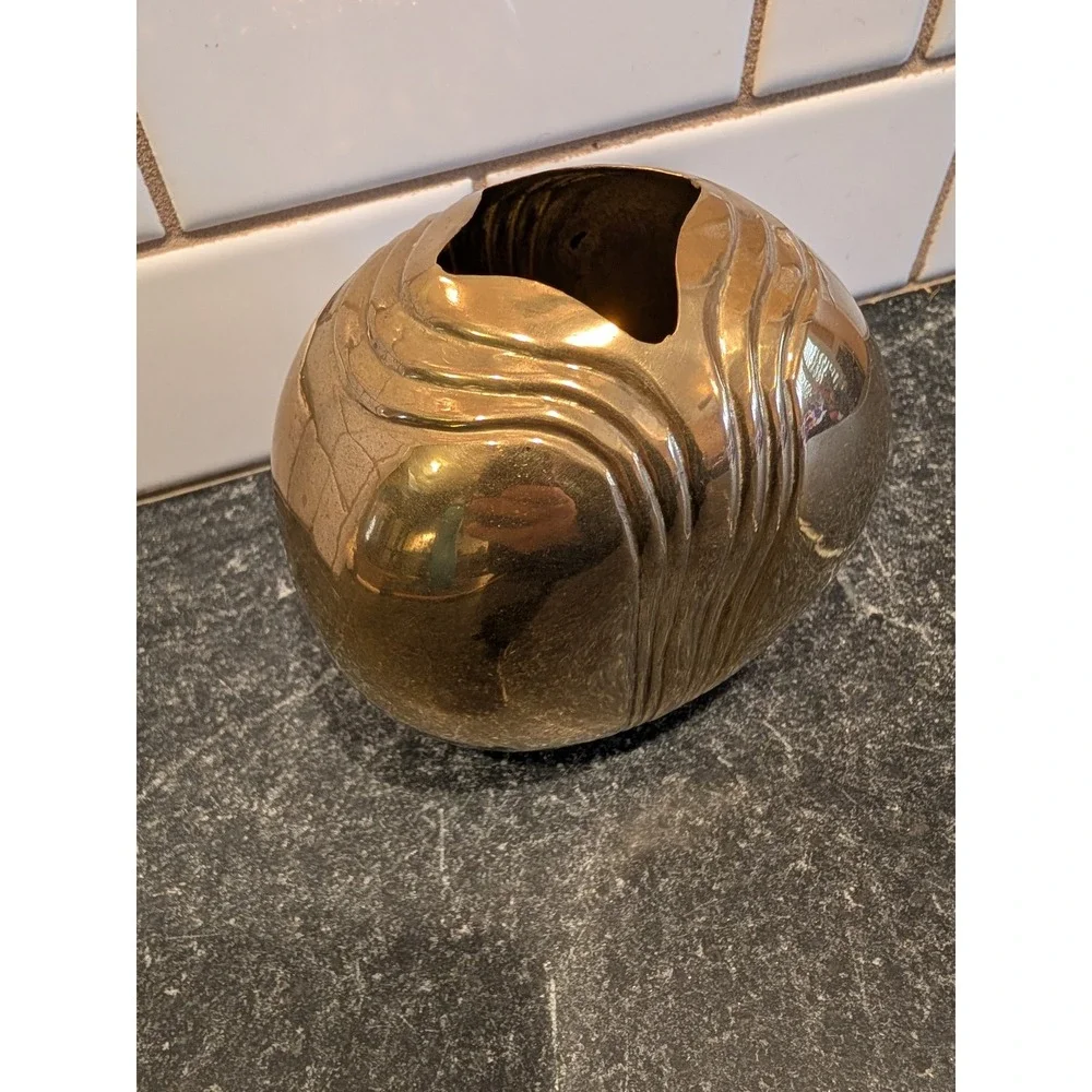 Vintage Brass Art Deco Ribbed Orb Bud Vase Round Polished Gold Tone MCM Decor